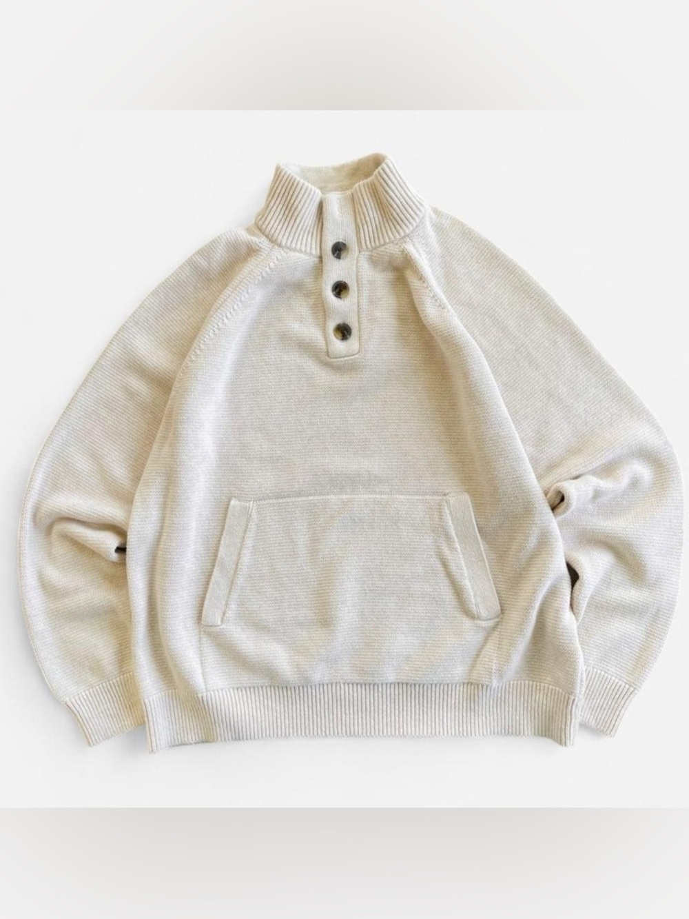 Banana Republic Cream Tone Cotton Knit Classic Mock Neck Sweater with Buttons XL